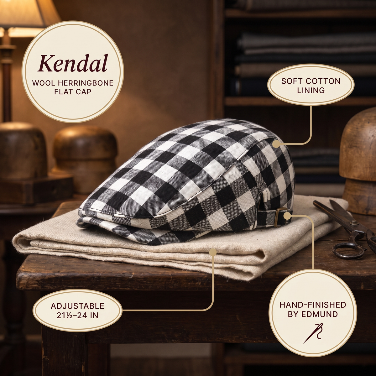 Wool Herringbone Flat Cap — KENDAL — details