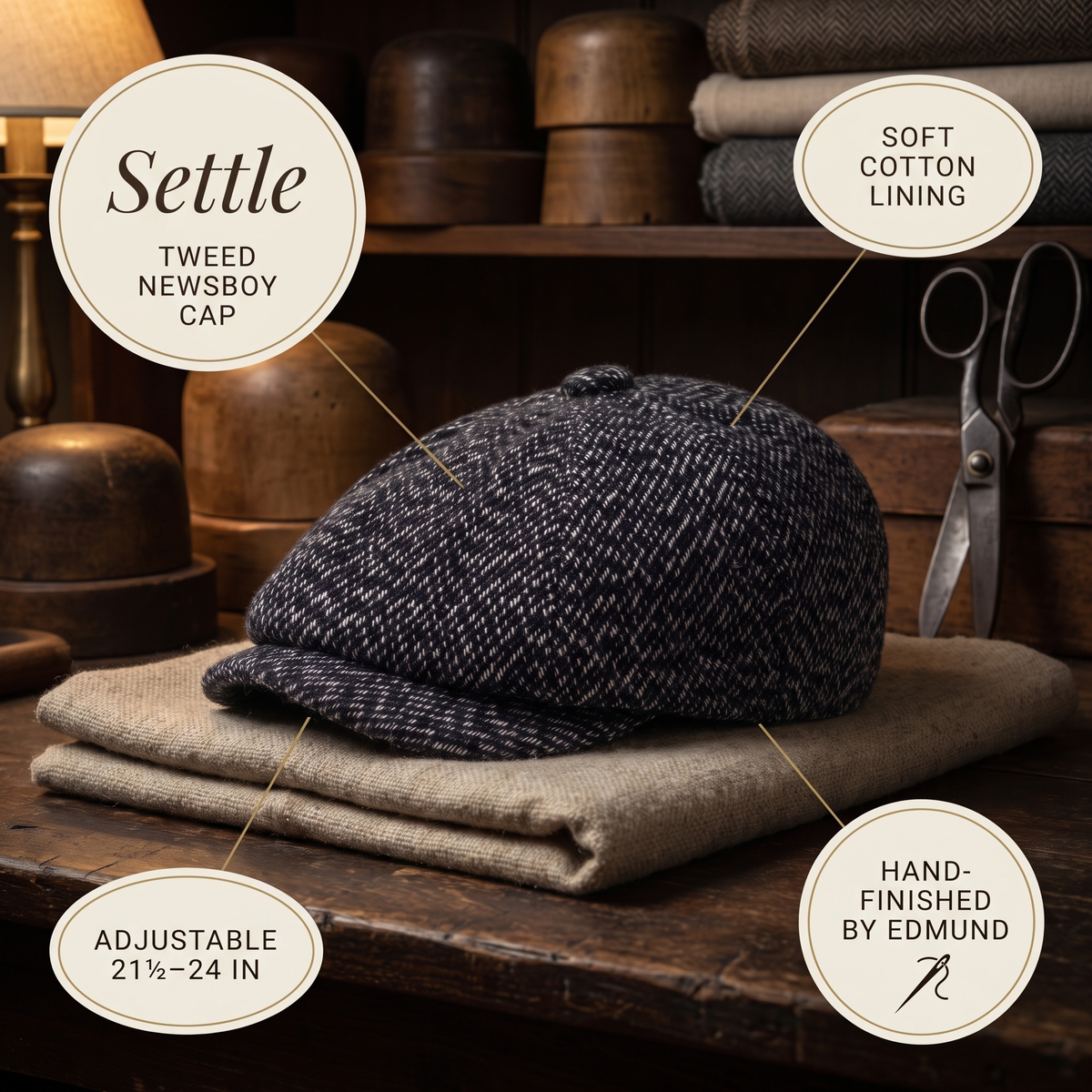 Tweed Newsboy Cap — SETTLE — details