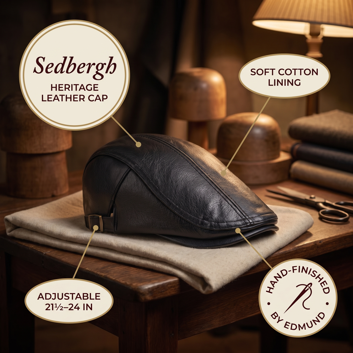 Heritage Leather Cap — SEDBERGH — details