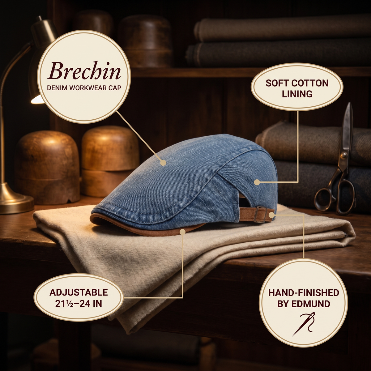 Denim Workwear Cap — BRECHIN — details