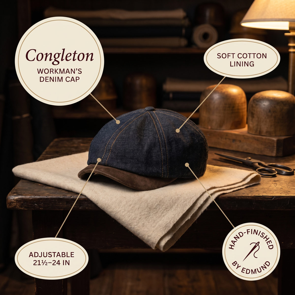 Workman's Denim Cap — CONGLETON — details