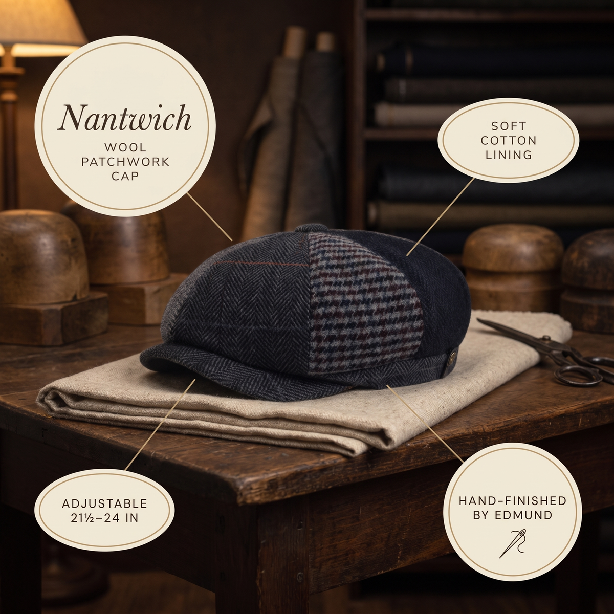 Wool Patchwork Cap — NANTWICH — details
