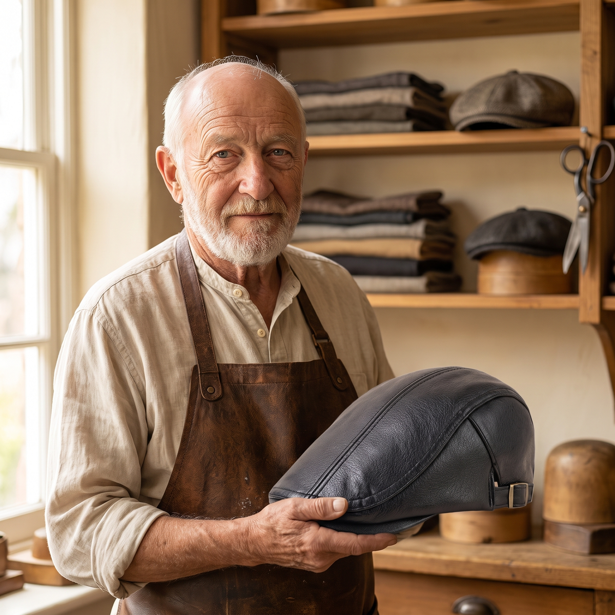 Heritage Leather Cap — SEDBERGH — Edmund in his workshop
