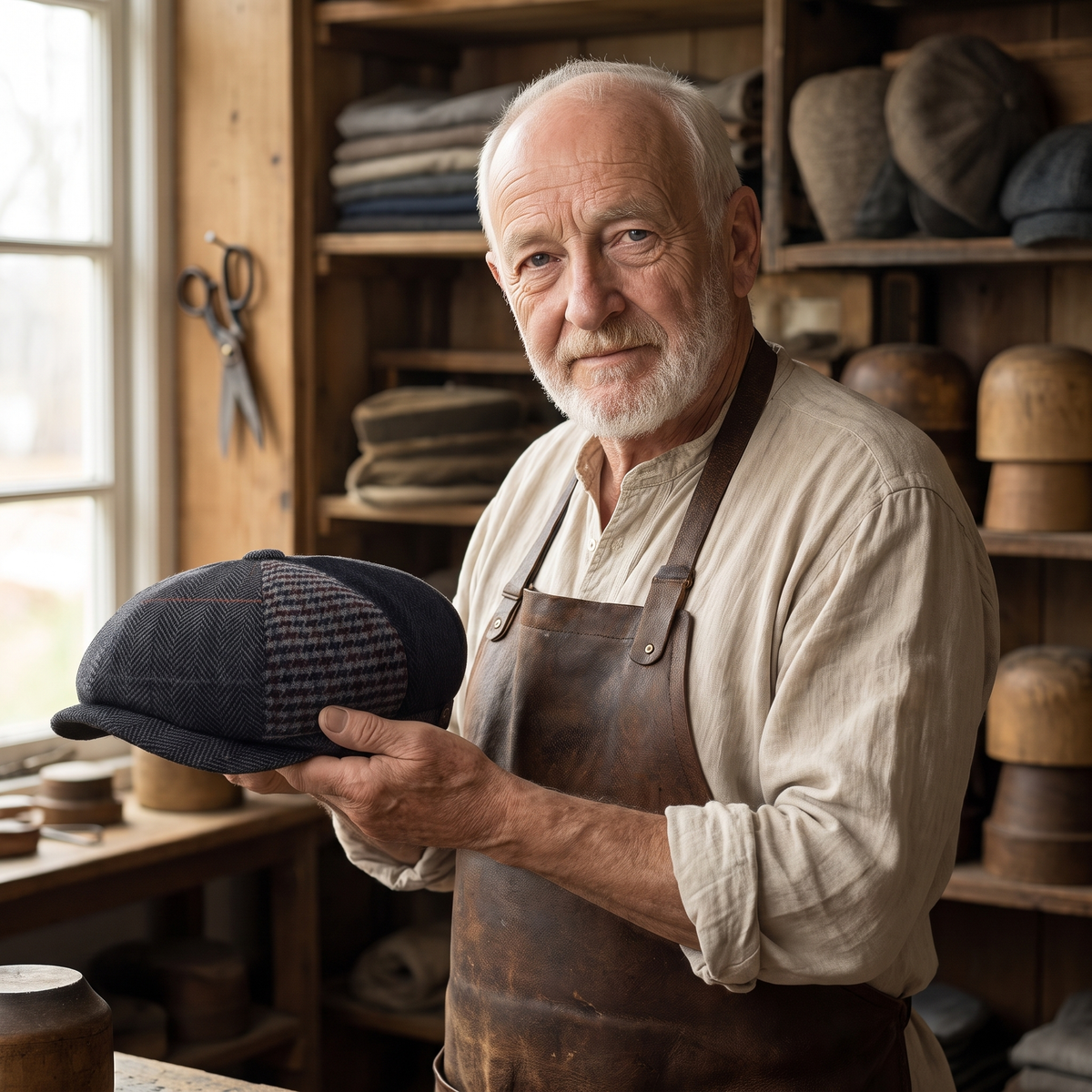 Wool Patchwork Cap — NANTWICH — Edmund in his workshop