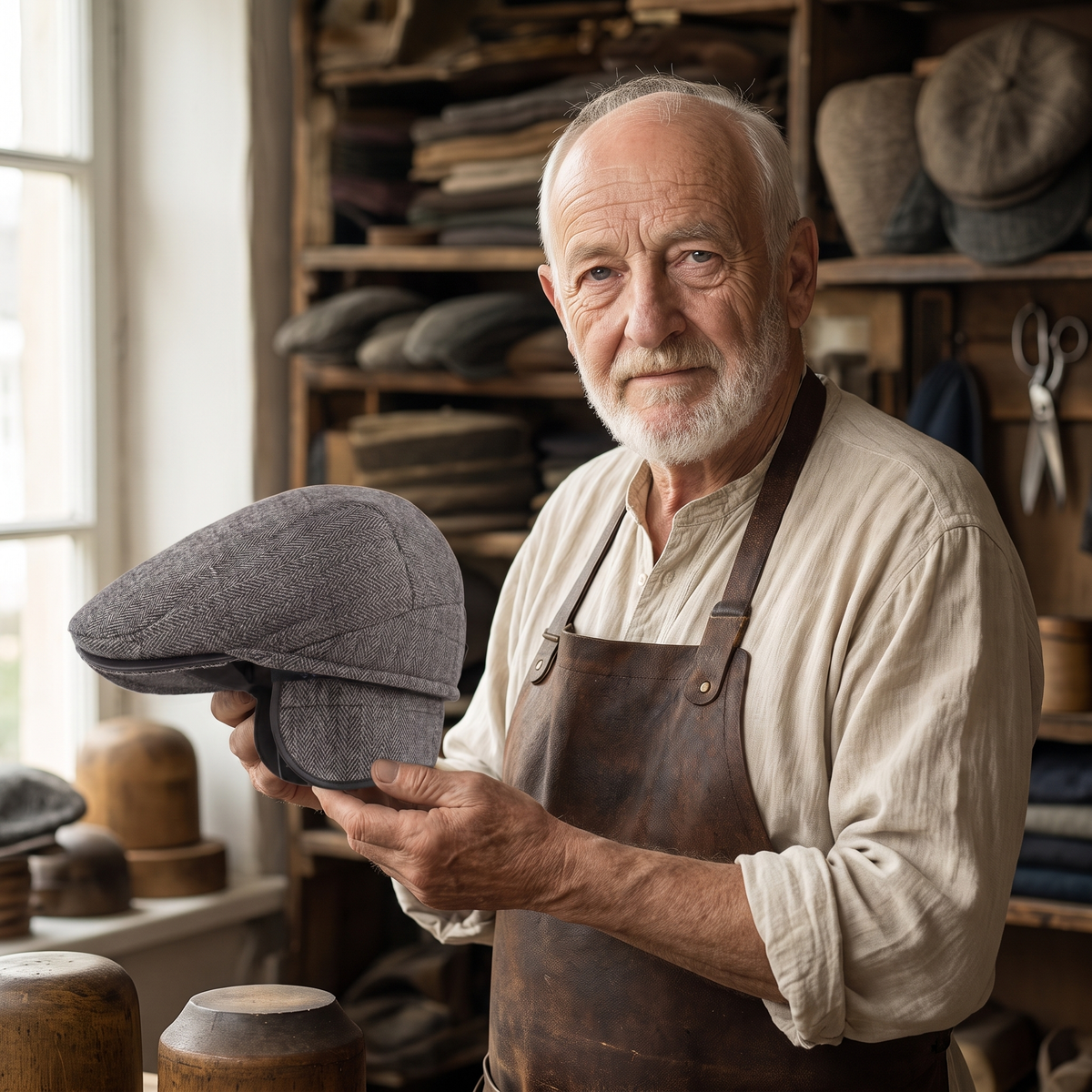 Driver Ear Flap Cap — ASKRIGG — Edmund in his workshop