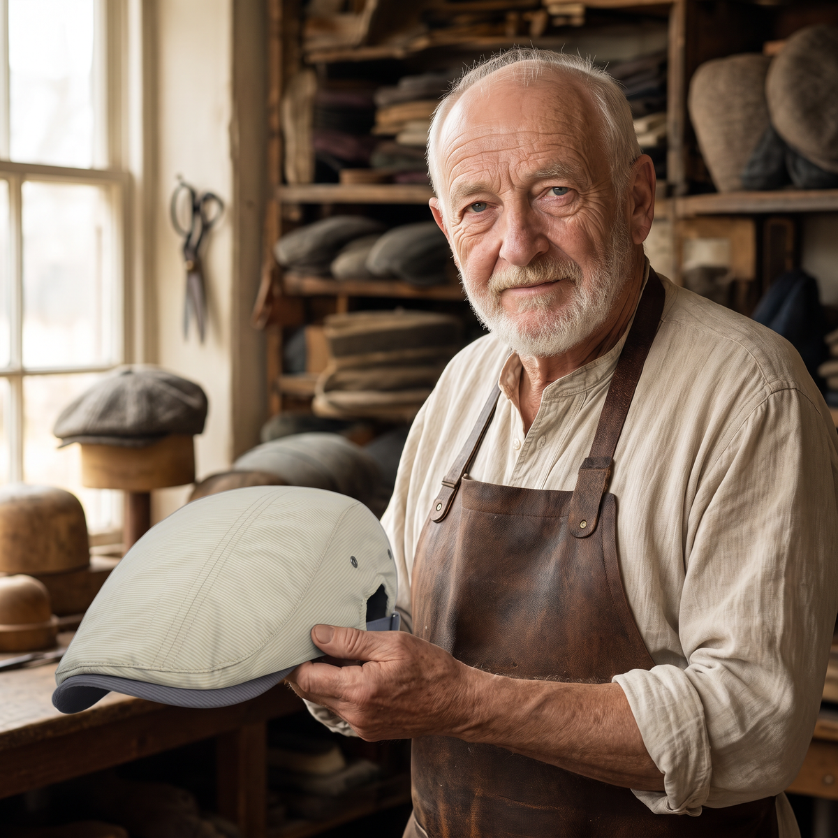 Pinstripe Cotton Cap — BRAMPTON — Edmund in his workshop