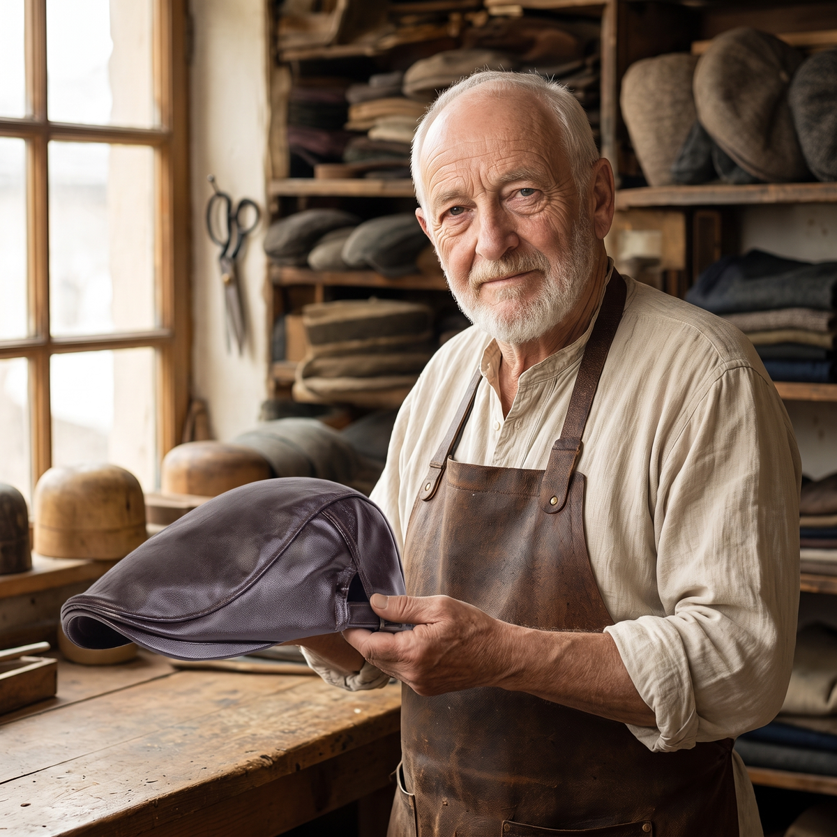 Leather Driver Cap — HAWICK — Edmund in his workshop