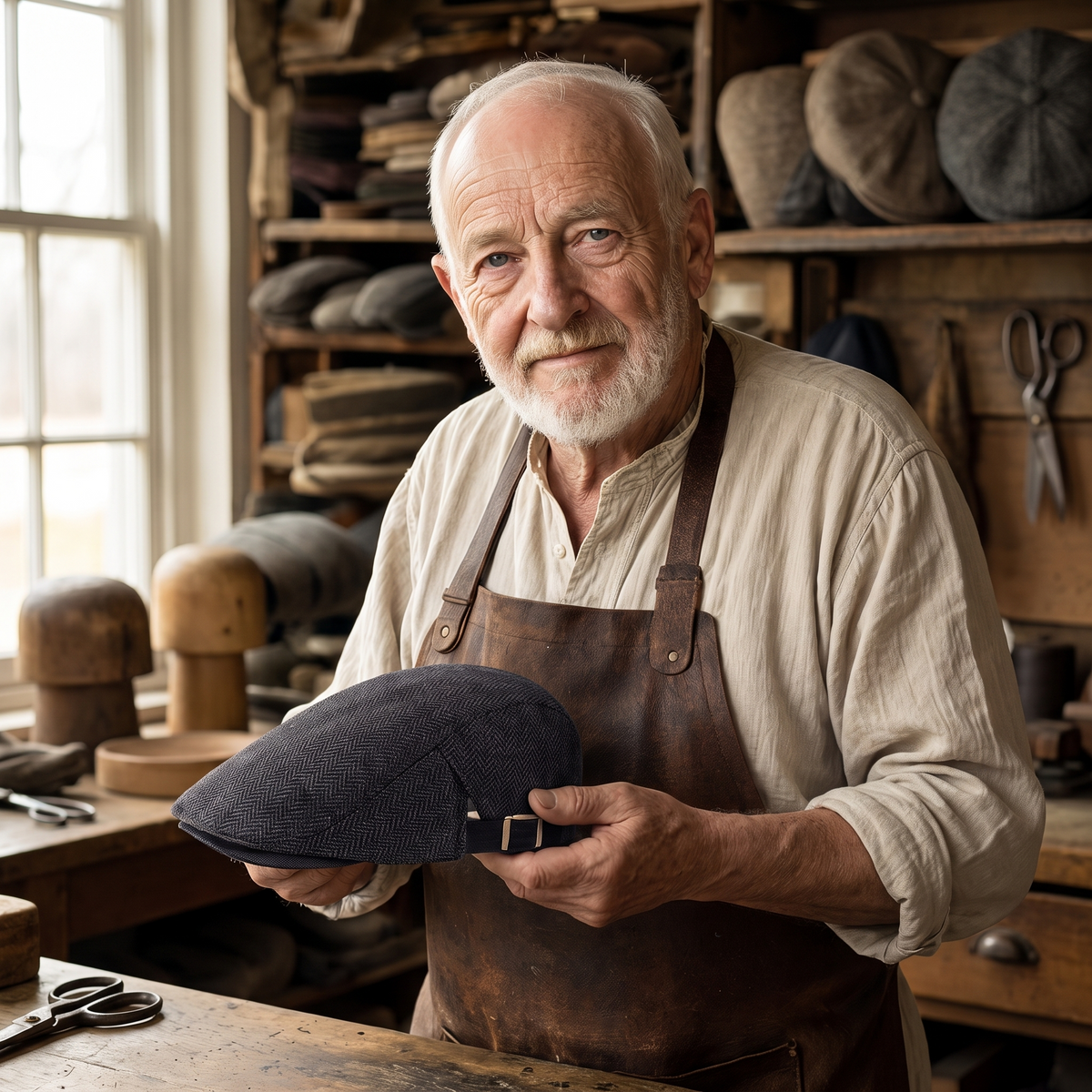 Herringbone Wool Driver Cap — JEDBURGH — Edmund in his workshop
