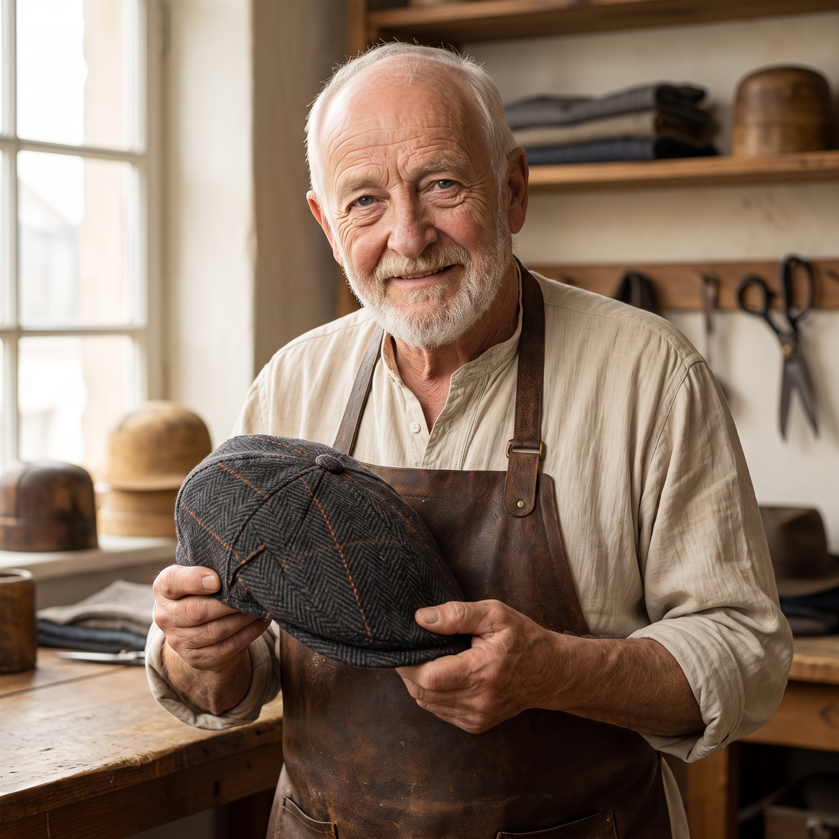 Pinstripe Herringbone Cap — GALWAY — Edmund in his workshop