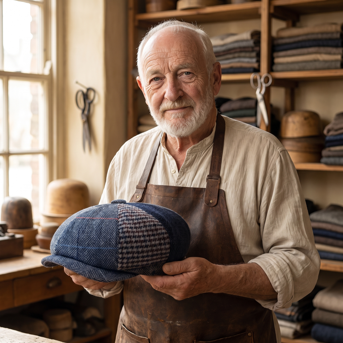 Wool Patchwork Cap — MALHAM — Edmund in his workshop