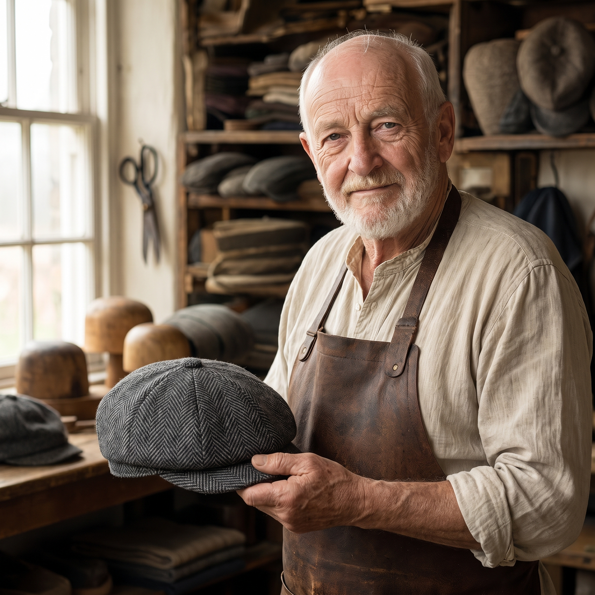 Eight-Panel Cap — BEDALE — Edmund in his workshop