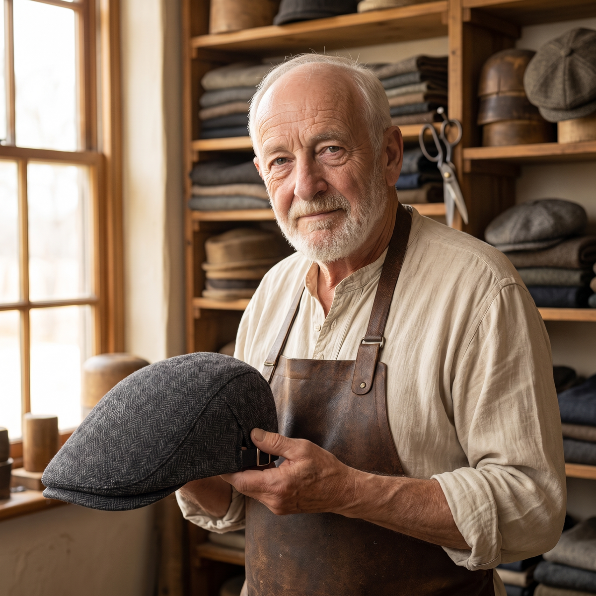 Herringbone Wool Driver Cap — CLAPHAM — Edmund in his workshop
