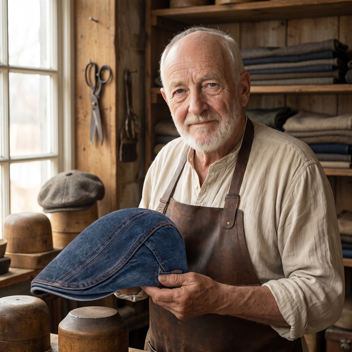 Denim Stitch Cap — CUPAR — Edmund in his workshop