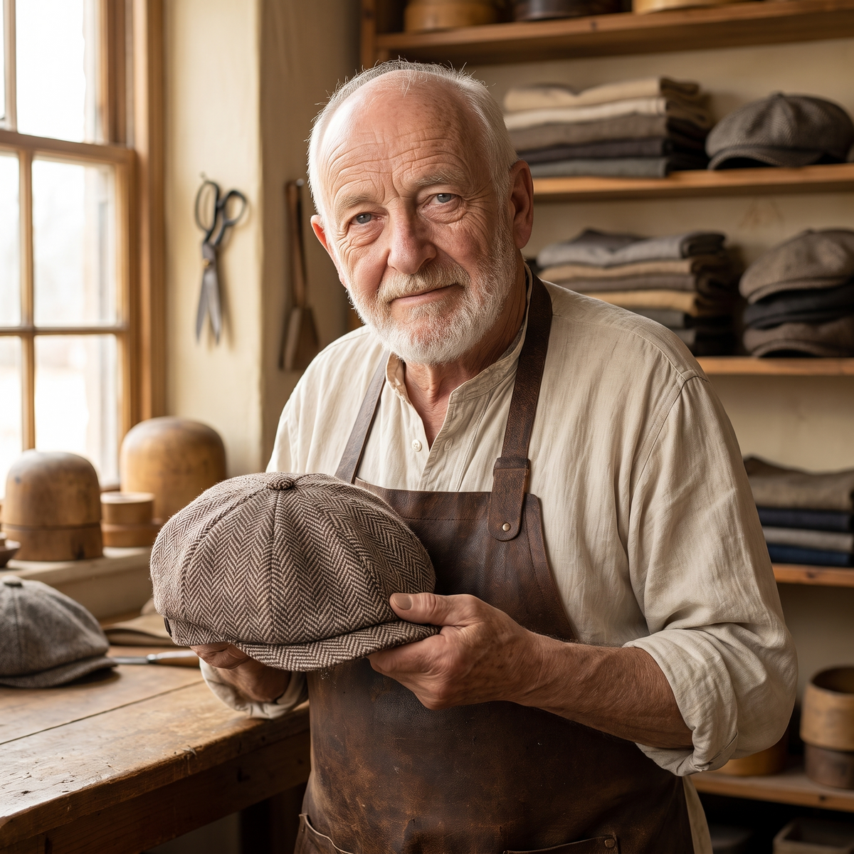 Herringbone Wool Cap — ROSSENDALE — Edmund in his workshop