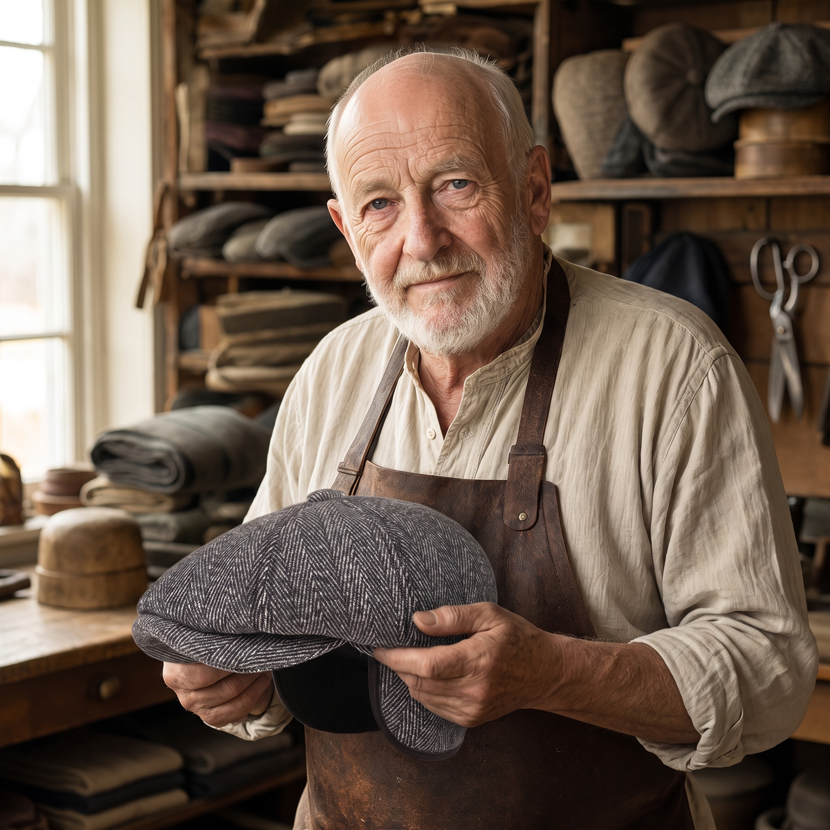 Herringbone Earflap Cap — HEXHAM — Edmund in his workshop