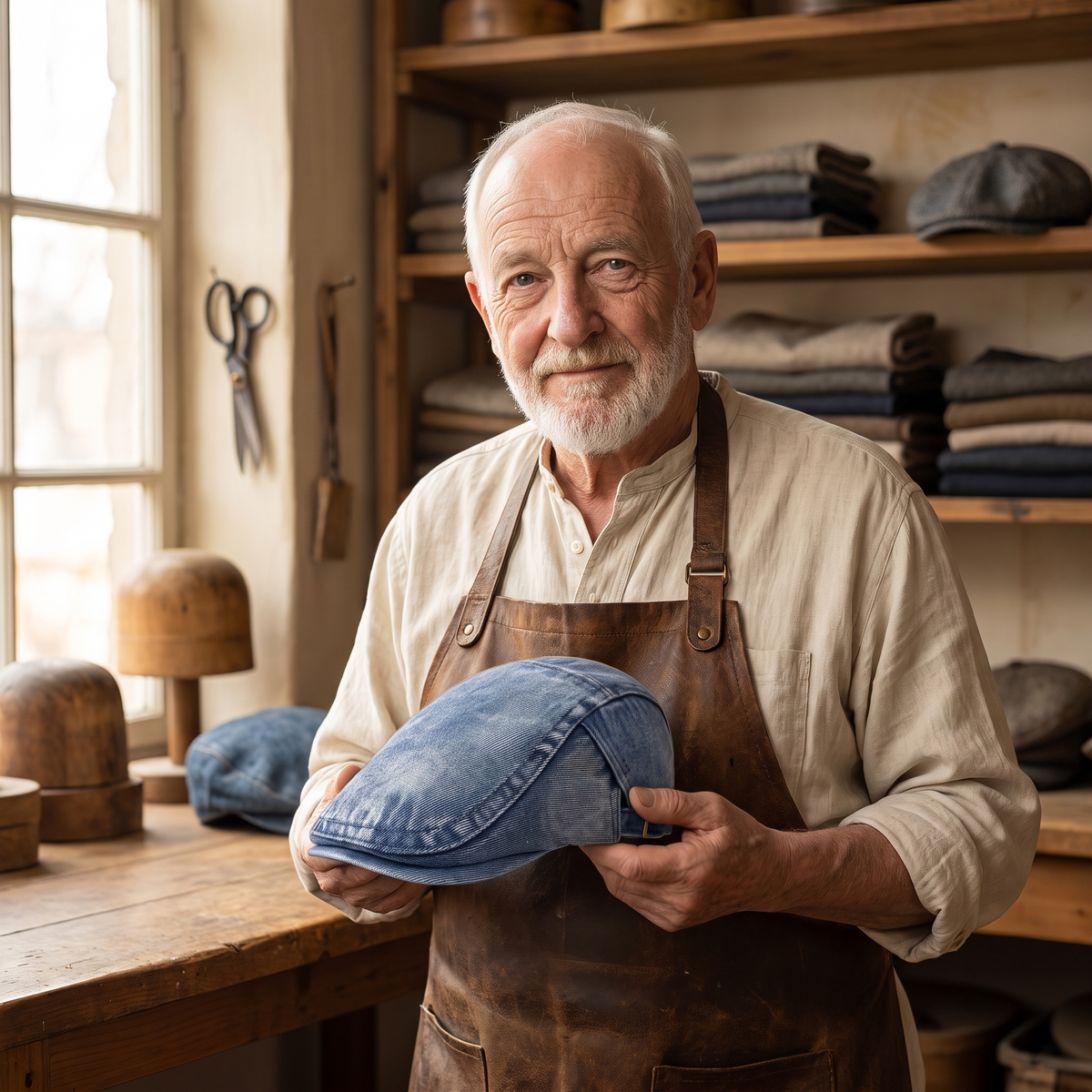 Stonewash Denim Cap — OTLEY — Edmund in his workshop