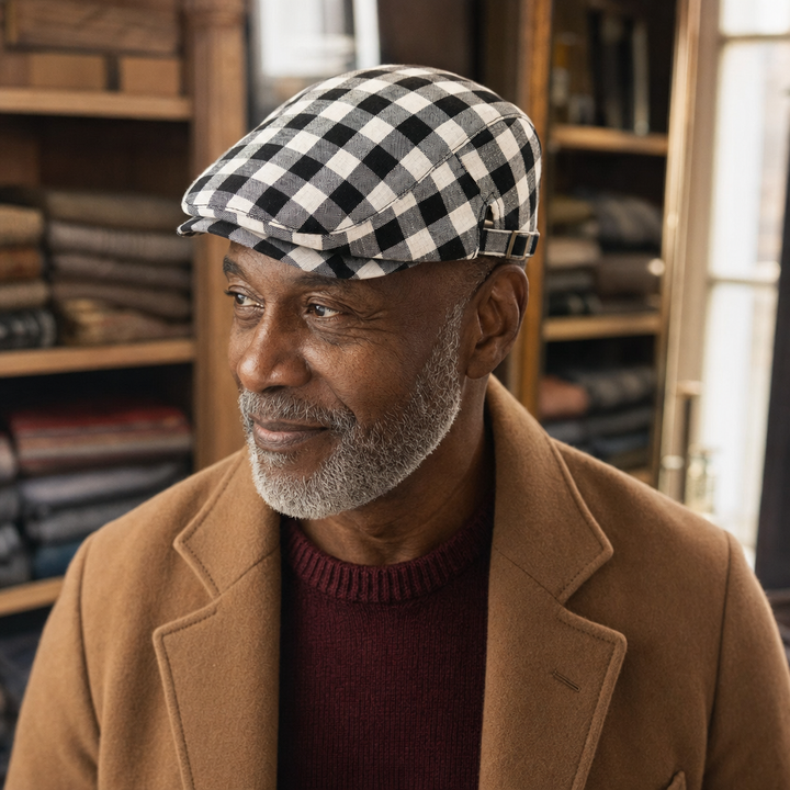 Wool Herringbone Flat Cap — KENDAL worn by a customer