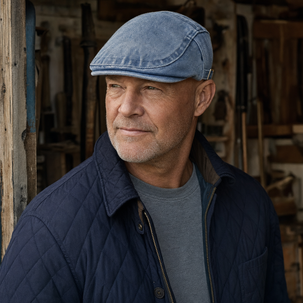 Stonewash Denim Cap — OTLEY worn by a customer