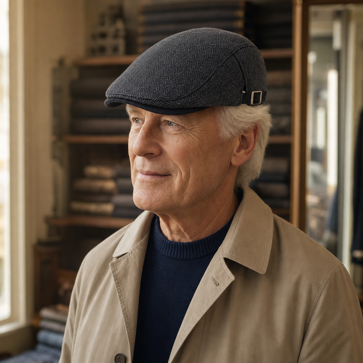 Herringbone Wool Driver Cap — CLAPHAM worn by a customer