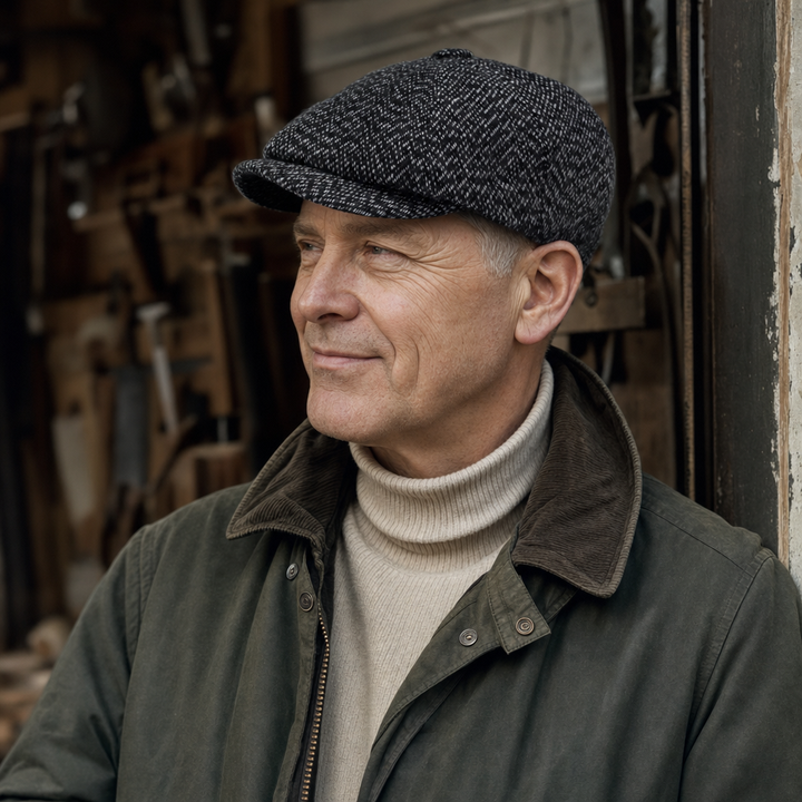 Tweed Newsboy Cap — CONWY worn by a customer