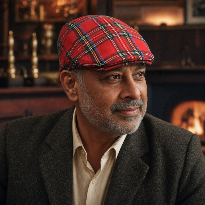 Festive Plaid Cap — DUNKELD worn by a customer