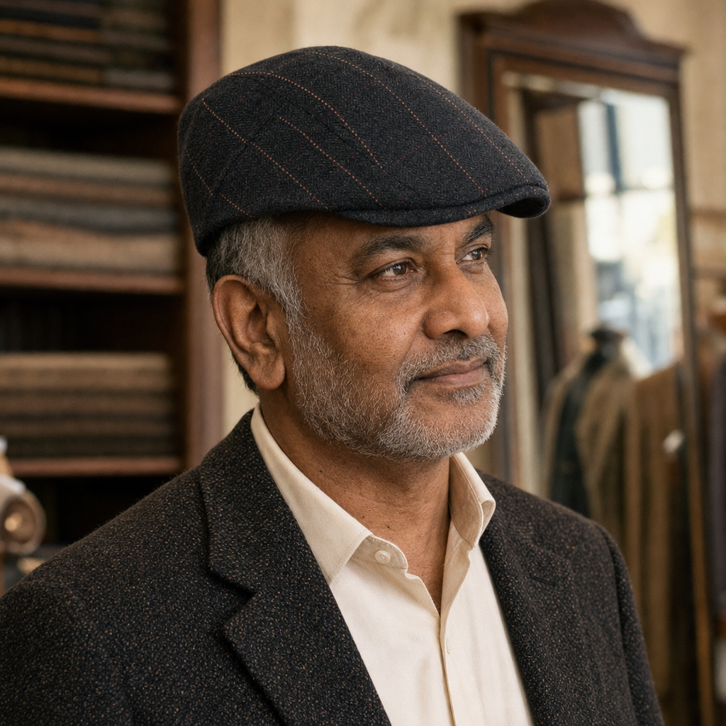 Pinstripe Herringbone Cap — APPLEBY worn by a customer