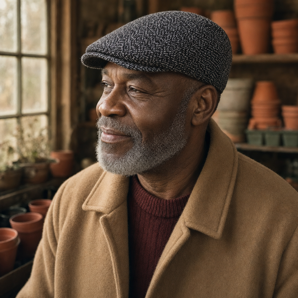 Tweed Flat Cap — TENBY worn by a customer