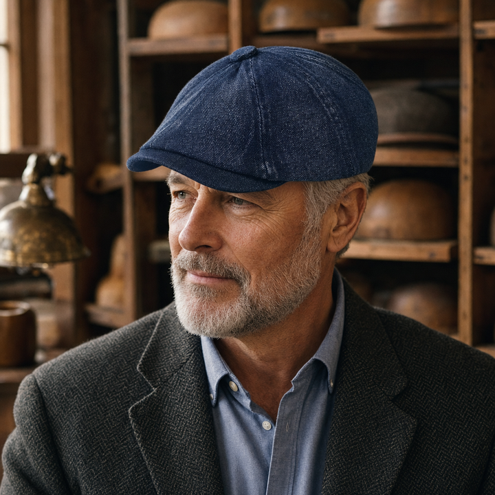 Denim Newsboy Cap — KELSO worn by a customer