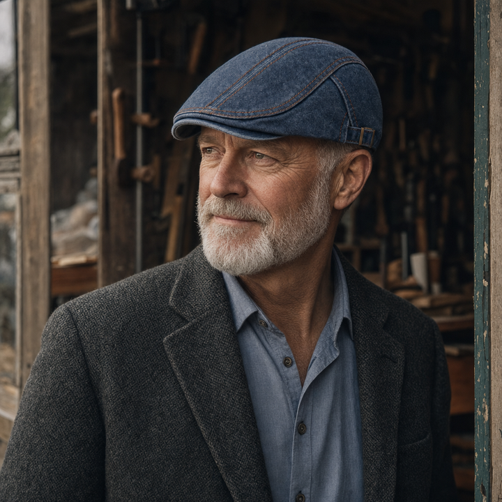 Denim Stitch Cap — HOLMFIRTH worn by a customer