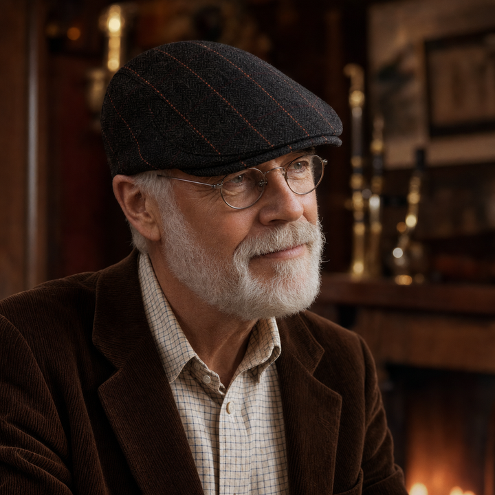 Pinstripe Herringbone Cap — GALWAY worn by a customer