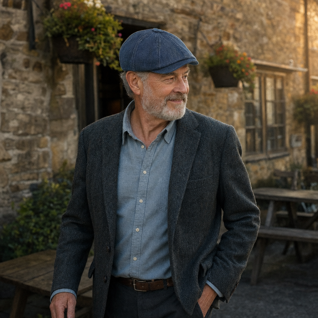 Denim Newsboy Cap — KELSO worn outdoors