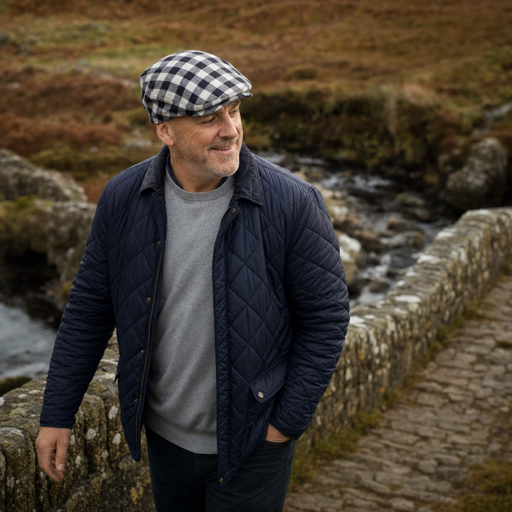 Vichy Check Cap — BALA worn outdoors