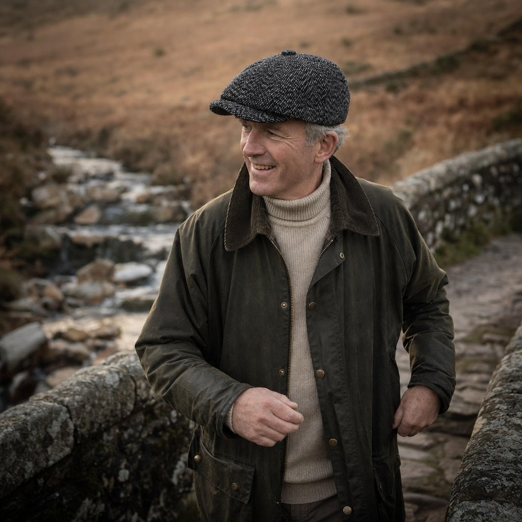 Tweed Newsboy Cap — CONWY worn outdoors
