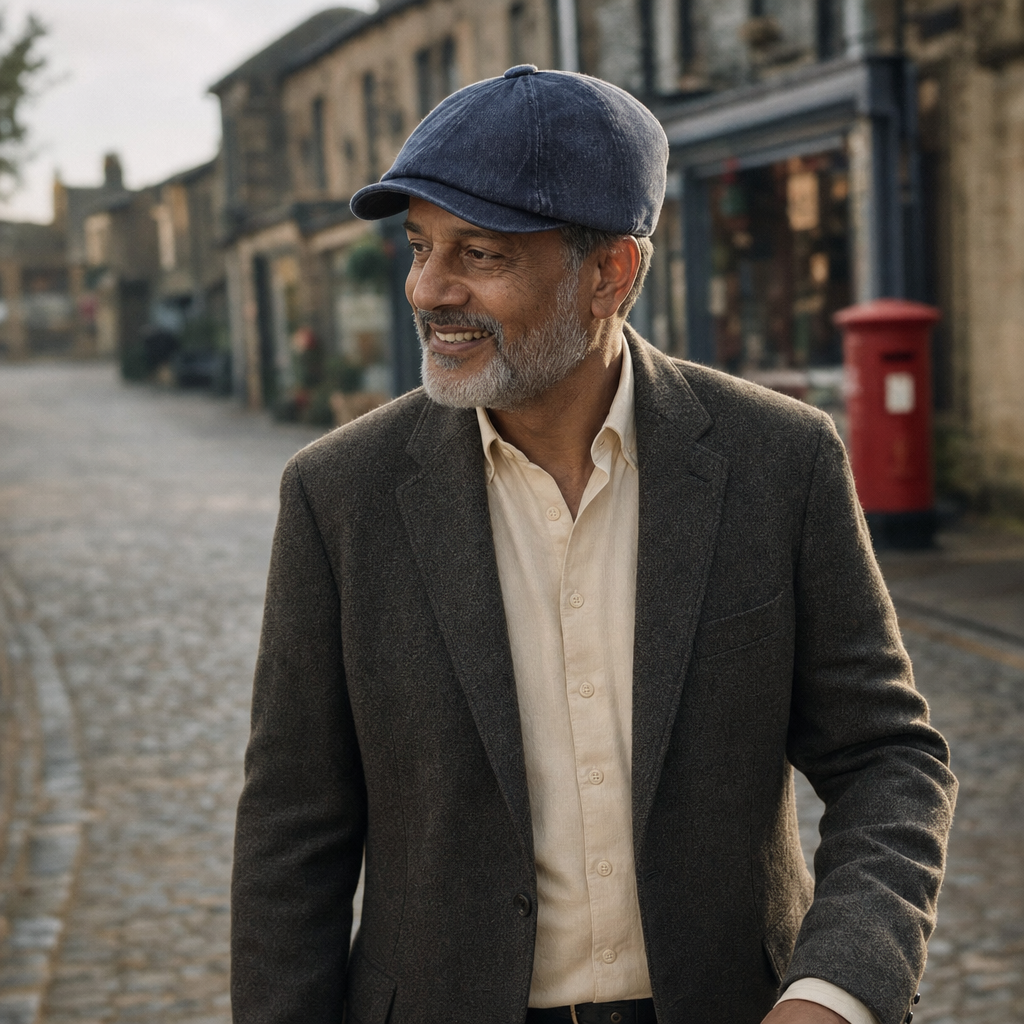 Denim Newsboy Cap — LOMOND worn outdoors