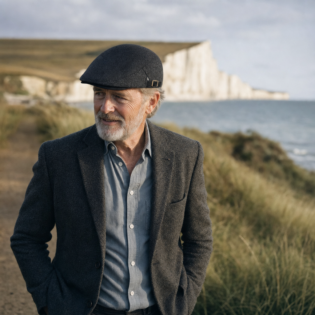 Herringbone Wool Driver Cap — JEDBURGH worn outdoors