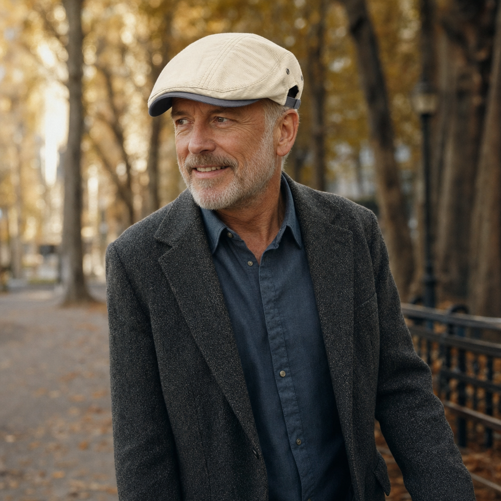 Pinstripe Cotton Cap — BRAMPTON worn outdoors