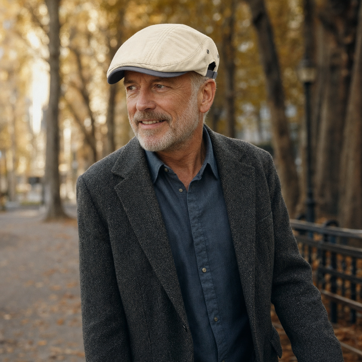 Pinstripe Cotton Cap — BRAMPTON worn outdoors