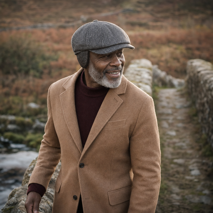 Herringbone Earflap Cap — HEXHAM worn outdoors