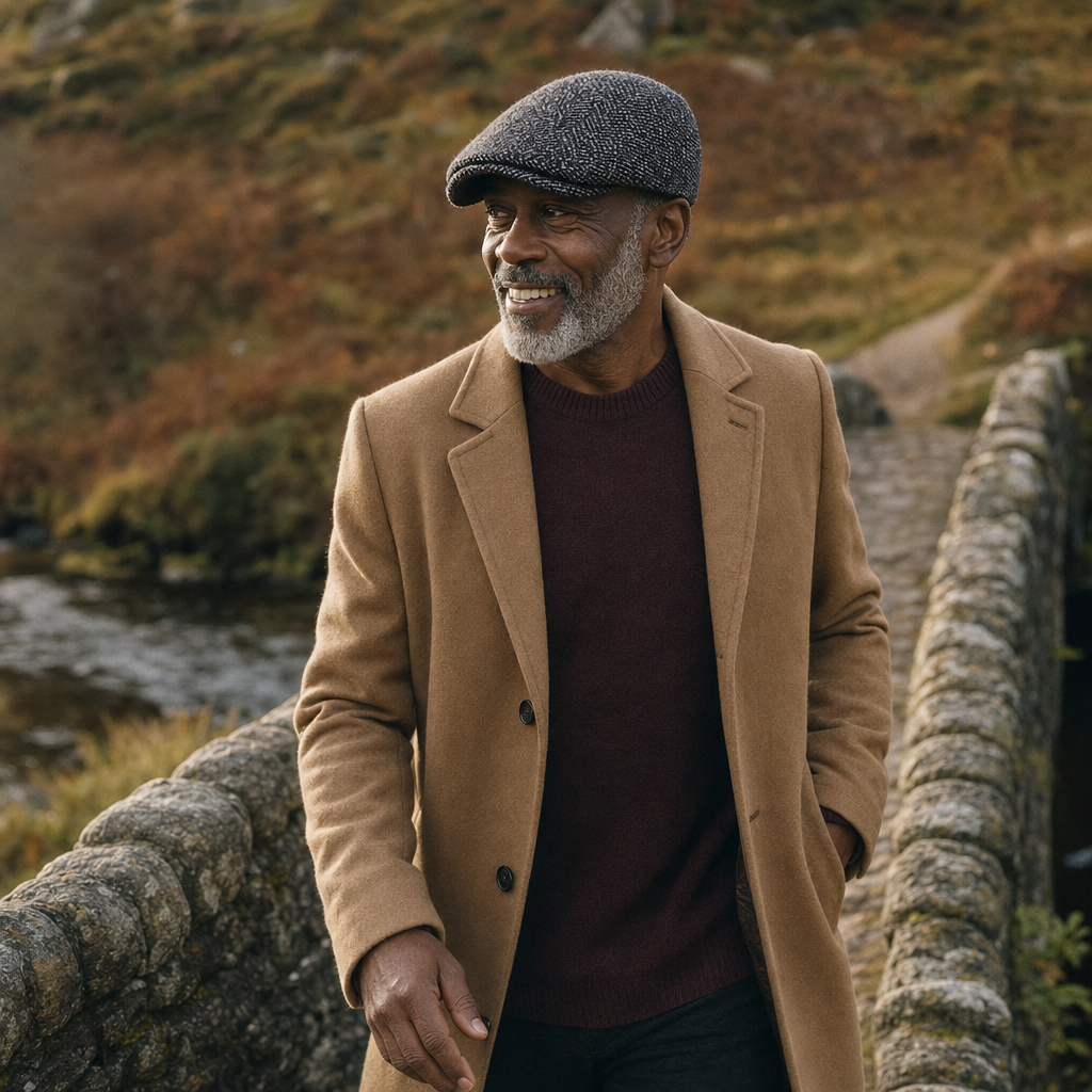 Tweed Flat Cap — TENBY worn outdoors