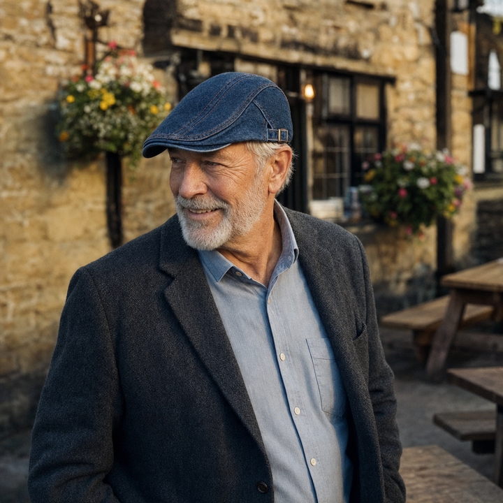 Denim Stitch Cap — HOLMFIRTH worn outdoors
