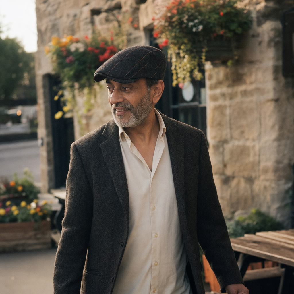 Pinstripe Herringbone Cap — APPLEBY worn outdoors