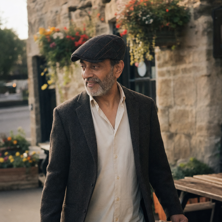 Pinstripe Herringbone Cap — APPLEBY worn outdoors