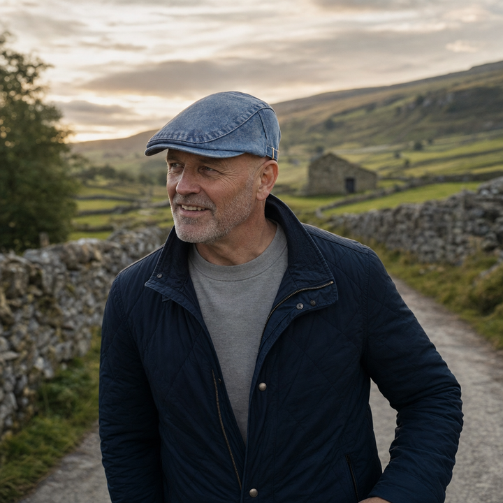 Stonewash Denim Cap — OTLEY worn outdoors