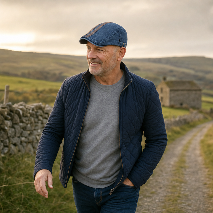 Denim Strip Cap — MASHAM worn outdoors
