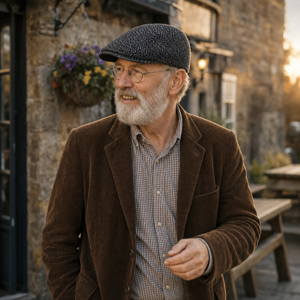Tweed Flat Cap — RUTHIN worn outdoors