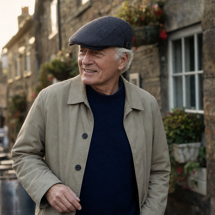 Herringbone Wool Driver Cap — CLAPHAM worn outdoors