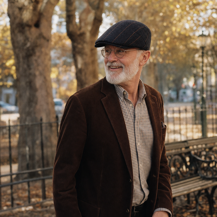 Pinstripe Herringbone Cap — GALWAY worn outdoors