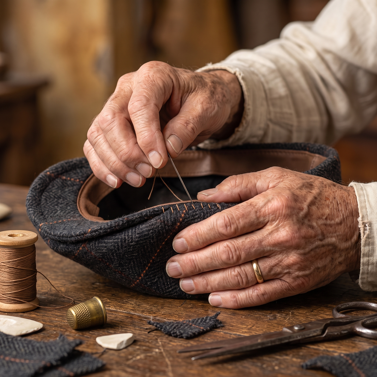 Pinstripe Herringbone Cap — GALWAY — hand-finished by Edmund
