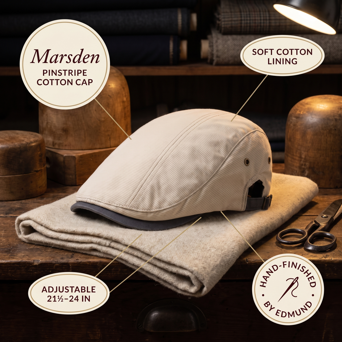 Pinstripe Cotton Cap — MARSDEN — details