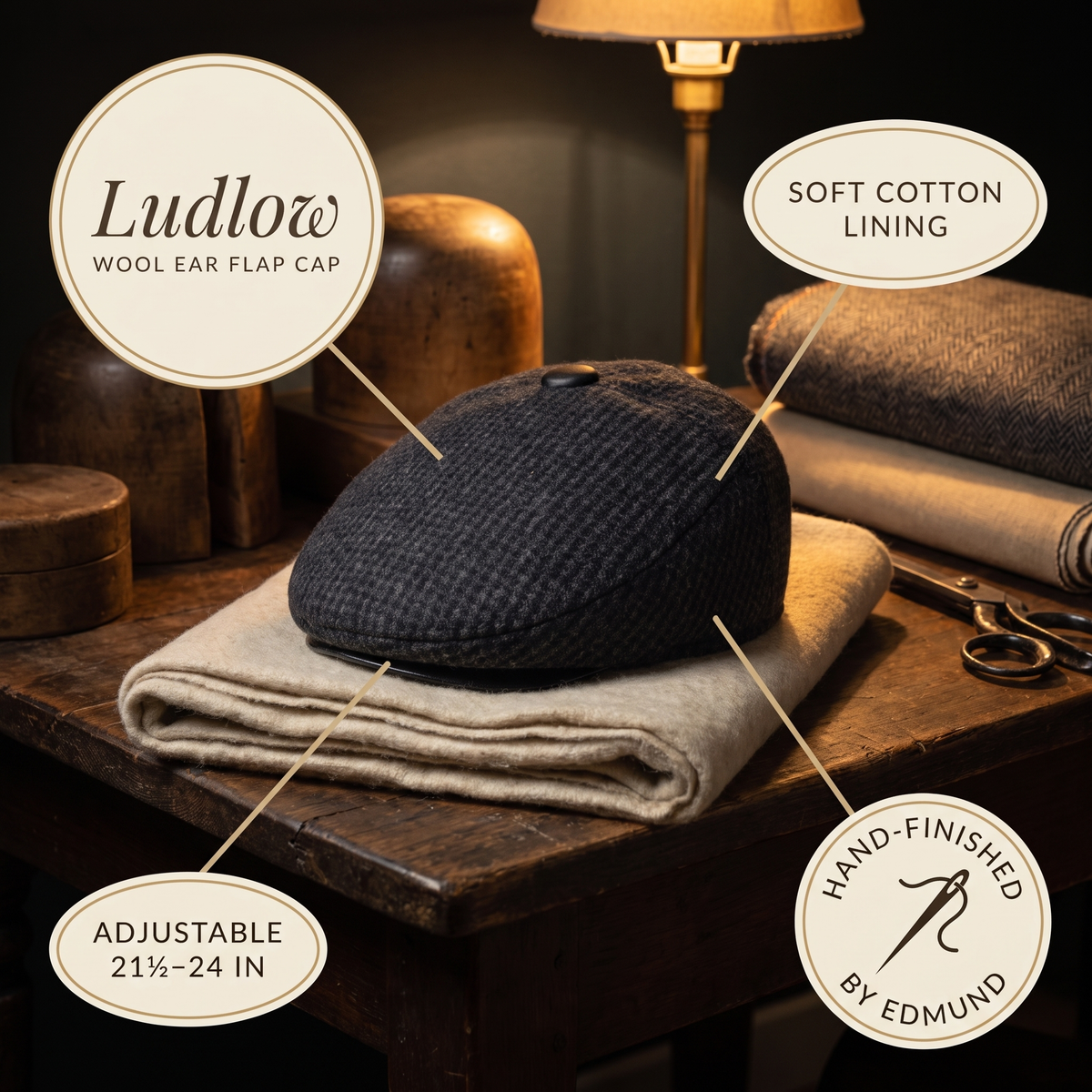 Wool Ear Flap Cap — LUDLOW — details